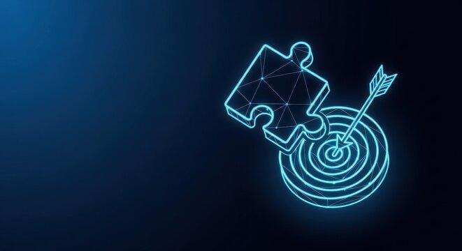 Digital puzzle piece fitting into a glowing target with an arrow hitting the bullseye, symbolizing strategy and goal achievement