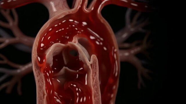Medical 3D visualization video of a human heart valve and aorta cross-section showing anatomical details