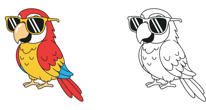 Cool cartoon parrot wearing sunglasses with coloring page vector illustration for kids