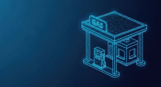Futuristic gas station illustration with digital network design and glowing fuel pump