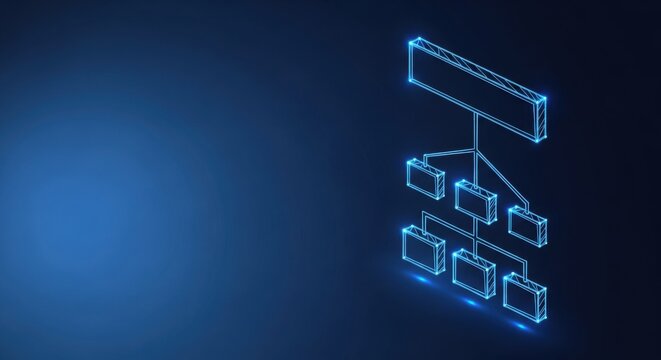 Glowing blue digital organization chart with interconnected boxes and lines, illustrating business hierarchy and data flow on a dark background.
