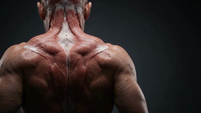 Detailed video footage showing the anatomical structure of human back and neck muscles on a dark background.