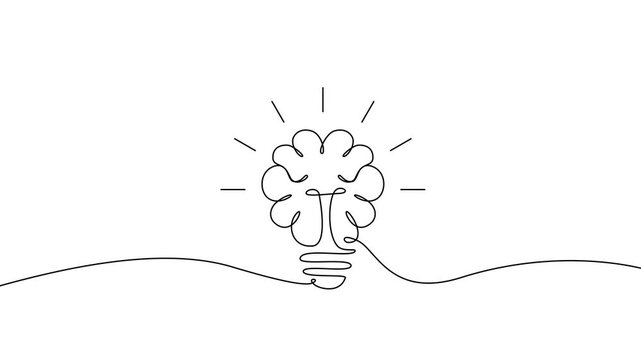 Continuous One Line Drawing Animation of Brain Lightbulb Idea Concept Isolated on White Background