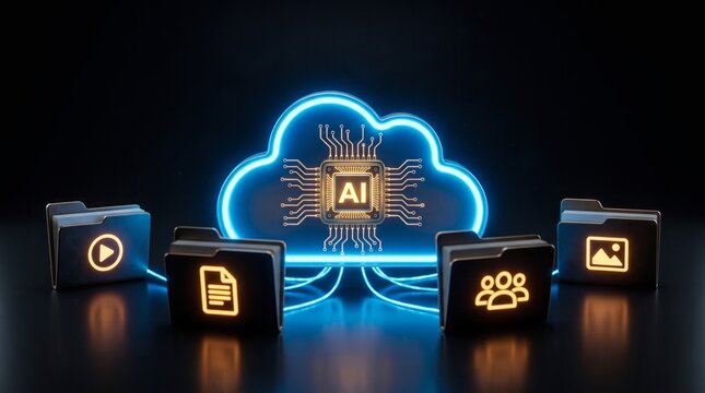 Glowing blue cloud icon featuring internal processor chip with interconnected folders representing digital data management and modern artificial intelligence storage
