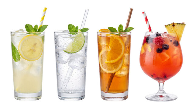 Four refreshing summer cocktails isolated on transparent background
