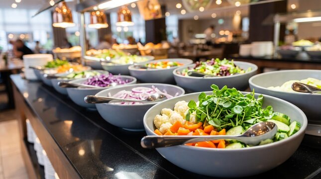 Fresh colorful vegetables displayed in ceramic bowls for a healthy salad bar catering service with bright warm ambient lighting