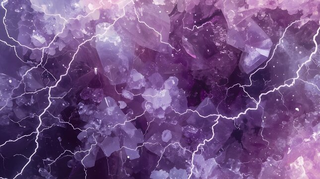 Cinematic macro view of lightning flashes striking through translucent purple amethyst crystal texture background