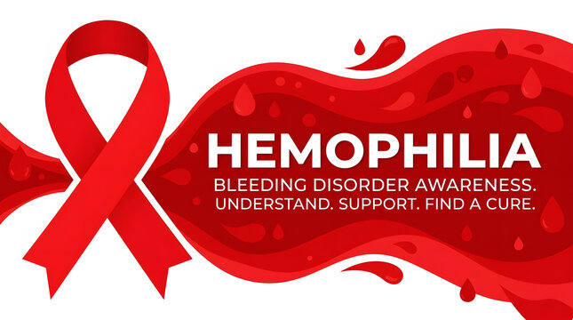 Hemophilia bleeding disorder awareness with red ribbon and blood drops