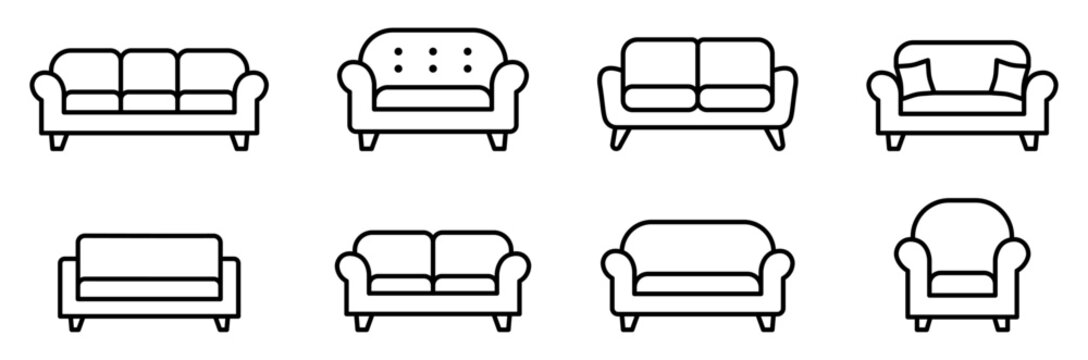 Sofa and couch furniture icon set for home, living room, and interior design projects.