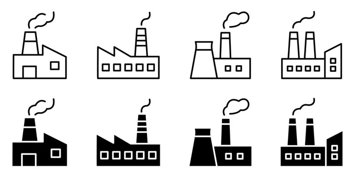 Factory and industrial building icon set for manufacturing and business designs.