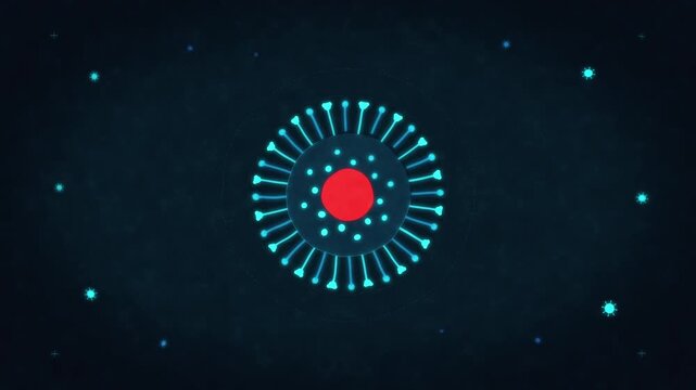 Animated microscopic view of a virus particle, spiky blue coronavirus on dark digital background, science motion graphic