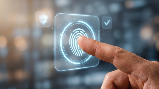 Biometric fingerprint scanner for digital security, person touching glowing thumbprint interface, futuristic identity verification and data protection