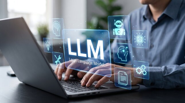Developer using LLM Large Language Model AI on Laptop for Machine Learning Business Solutions and Innovative Future Technology Website Banner.