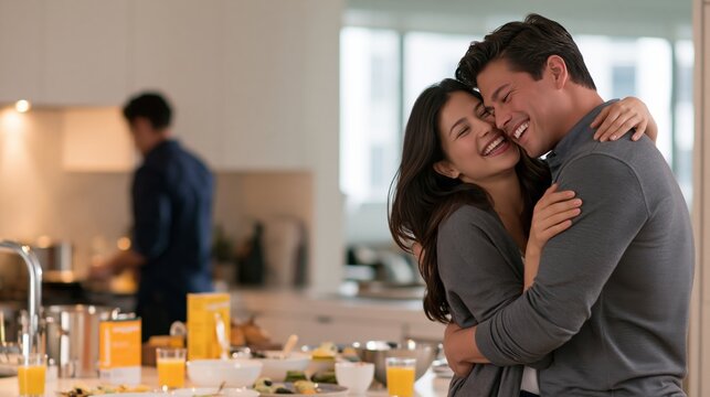 Joyful couple embraces tightly in a bright kitchen while another person cooks in the background.