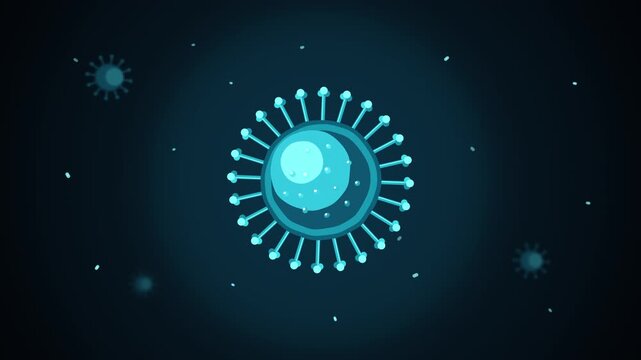 Pixel art virus microbe, microscopic germ, contagious disease, pandemic, cellular structure, medical illustration, scientific research, dark blue background, glowing particles