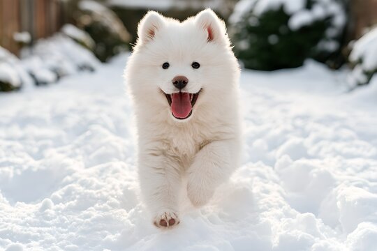 Samoyed Puppy Running Snow Winter Dog White Fluffy Pet Playful Outdoor Background