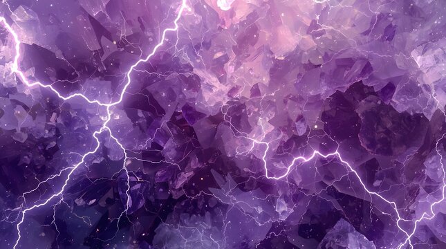 Cinematic macro view of lightning flashes striking through translucent purple amethyst crystal texture background