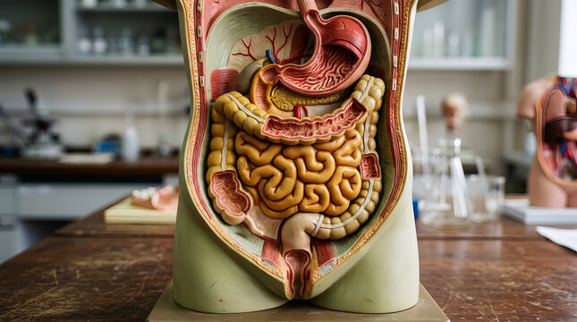 Human digestive system anatomical torso model in medical laboratory