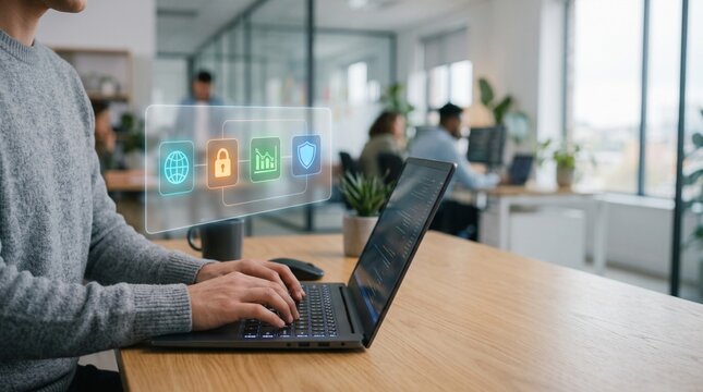 Cybersecurity data protection concept, professional using laptop with digital security icons, modern office workspace with network safety interface