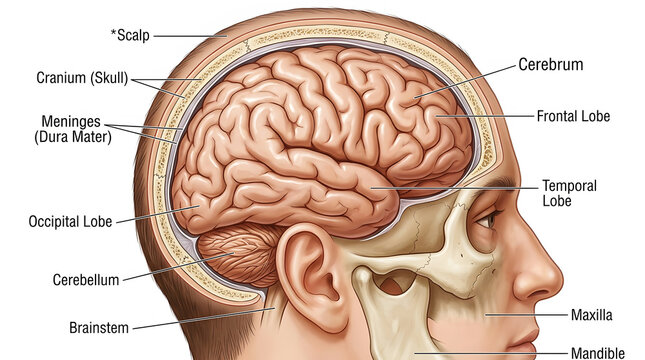 Labeled human brain anatomy showing lobes cerebellum and brainstem