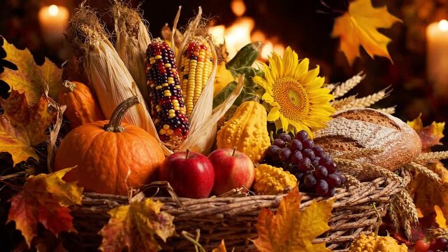 Main Title: Festive Thanksgiving Autumn Harvest Basket with Pumpkins, Indian Corn, Apples, Grapes, and Rustic Bread on Warm Glowing Background