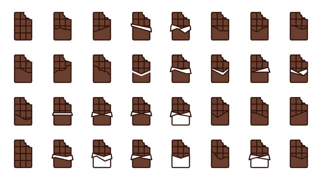 Vector illustration of a dark brown bitten chocolate bar with visible bite mark at the corner, segmented rectangular pieces, minimalist flat design isolated on white background.