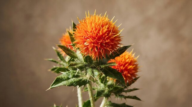 Blooming orange safflower plant with prickly green leaves in studio setting