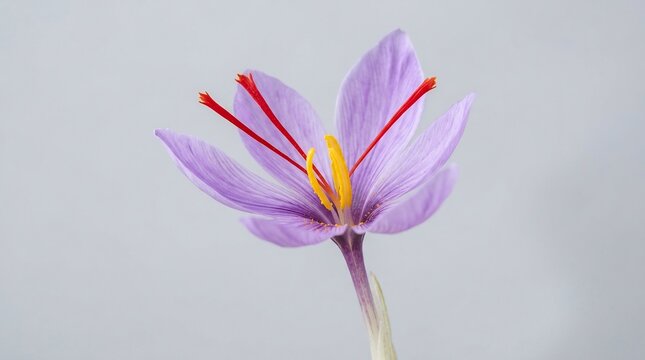 Purple saffron crocus flower with red stigmas blooming on a light grey background