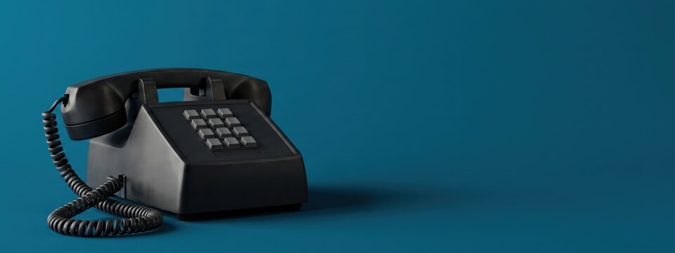 Vintage black telephone on teal background with copy space for customer service, communication, hotline support, and contact us business concepts