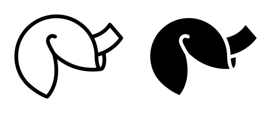 Fortune Cookie Icons, Black and White Vector Graphics, Simple Line Art and Solid Fill Designs for Asian Food and Celebration Themes
