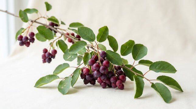 Branch of serviceberry with ripe dark purple berries and green leaves on light background