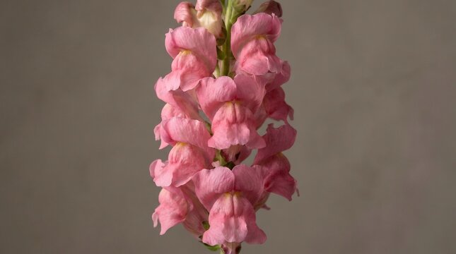 Close up of a pink snapdragon flower spike with multiple blossoms against a neutral gray background