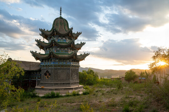 Traditional Multi-tiered Pagoda at Sunset Landscape