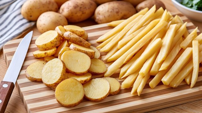 Whole and sliced potatoes are prepared for making french fries on a cutting board.