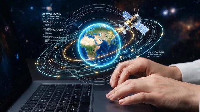 Hands Typing on Laptop with Glowing 3D Hologram of Earth, Orbiting Satellite, and Space Data Interface