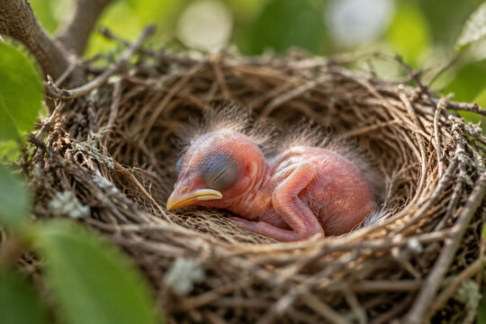 A newly hatched, featherless chick curled vulnerably in a woven nest.