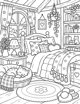 A peaceful and charming coloring page depicts a cozy bedroom with a sleeping cat, window view, and a bookshelf filled with books and plants