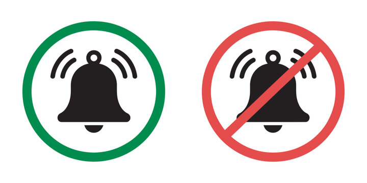 Notification, bell icon set with green circle and red prohibition sign, alerts, enabled and disabled status, communication, vector design