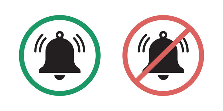 Notification, bell icon set with green circle and red prohibition sign, alerts, enabled and disabled status, communication, vector design