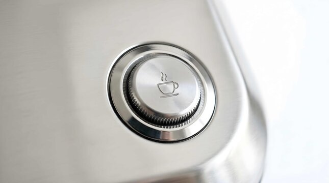 Stainless steel coffee machine power button close up view