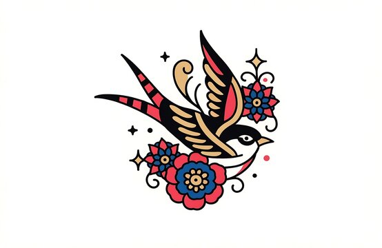 Colorful swallow bird with floral tattoo design