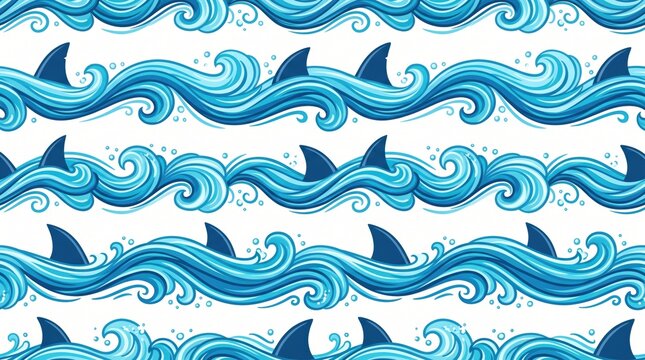 Seamless pattern wallpaper featuring shark fins swimming in blue ocean waves.
