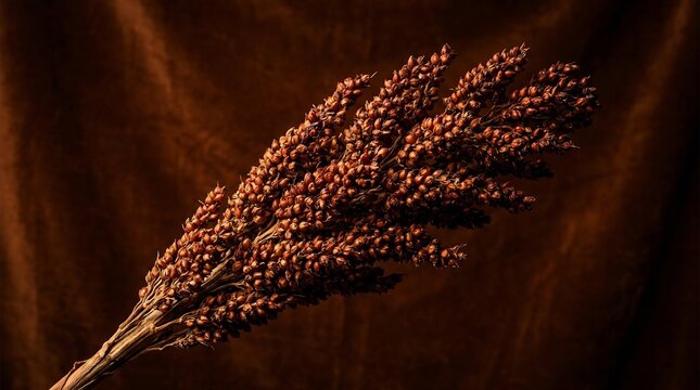 Reddish-brown sorghum panicle with ripe grains against a dark textured brown background