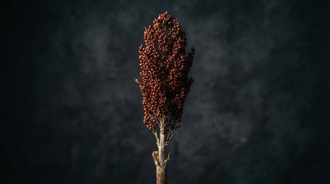 Vertical sorghum stalk with a dense reddish-brown seed head on a dark moody background