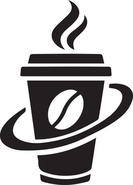 Black and white hot coffee paper cup with steam and coffee bean logo vector illustration isolated on white background