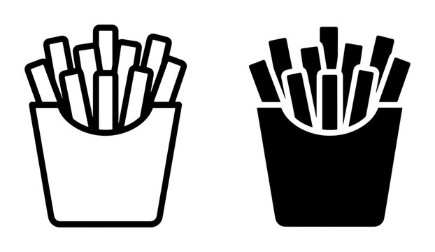 French Fries Icon Set, Fast Food Vector Graphics, Crispy Potato Snack Symbols, Takeaway Meal Outline and Silhouette