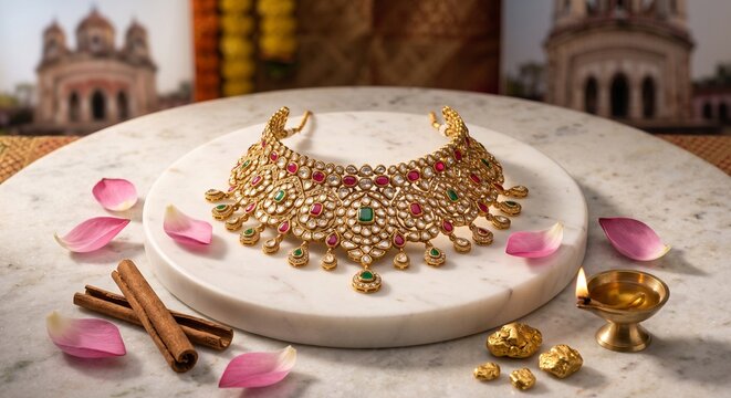 Traditional Indian Gold Kundan Bridal Choker Necklace with Rubies, Emeralds, Rose Petals, and Diya on Marble Podium for Dhanteras and Wedding Jewelry   