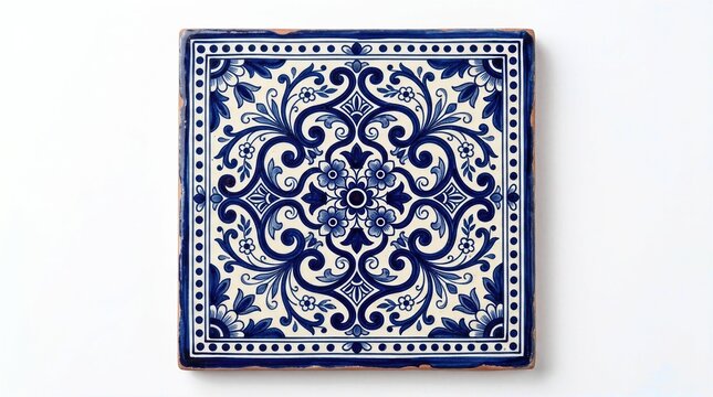 Blue and white ceramic tile with floral pattern. Symmetrical design radiates from central motif. Vintage tile shows aged, rustic charm. Perfect for kitchen, bathroom, or decor projects