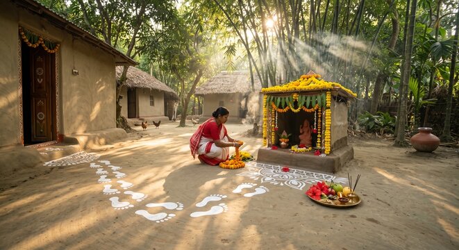 Bengali Woman Drawing Traditional Alpana and Lakshmi Charan in Village Courtyard with Tulsi Mancha for Kojagari Lakshmi Puja