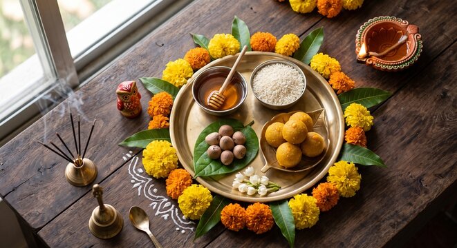 Traditional Hindu Puja Thali Setup with Motichoor Laddu, Rice, Betel Nut, Marigold Garland, Diya, and Incense on Wooden Table for Diwali and Lakshmi Puja